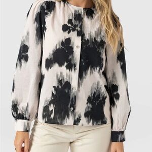 Black & White Brushstroke Button-Front Blouse